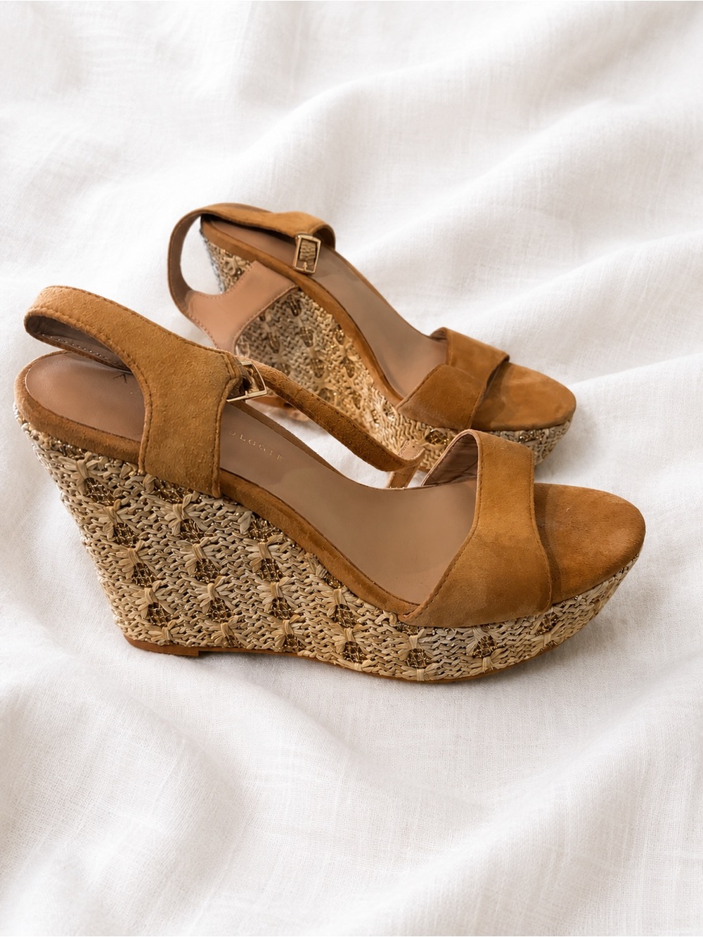 Anthropologie Suede Tan Braided-Wedge Sandals